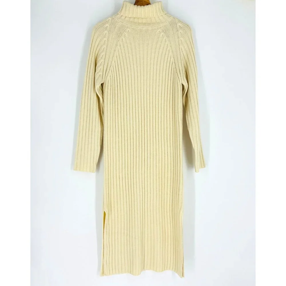 Doe & Rae Womens Cream Ribbed Long Sleeve Turtleneck Midi Sweater Dress Size M - Picture 2 of 8